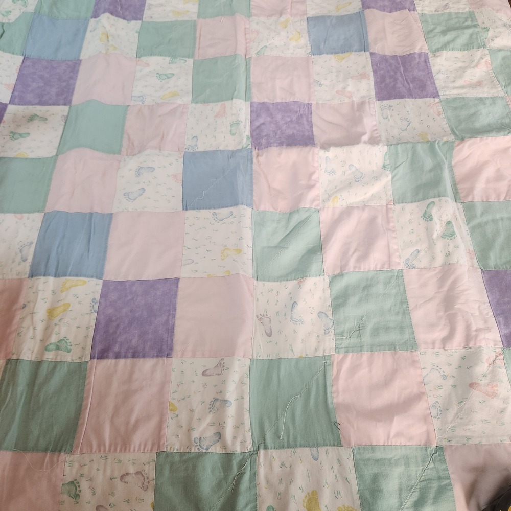 Vintage Pastel Quilt 43"x41" White Back Blue Pink Purple Green Footprints Baby